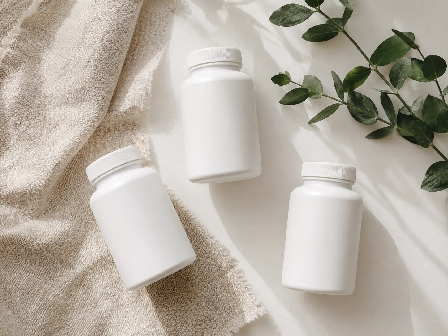 Unlabeled white supplement bottles arranged on linen
